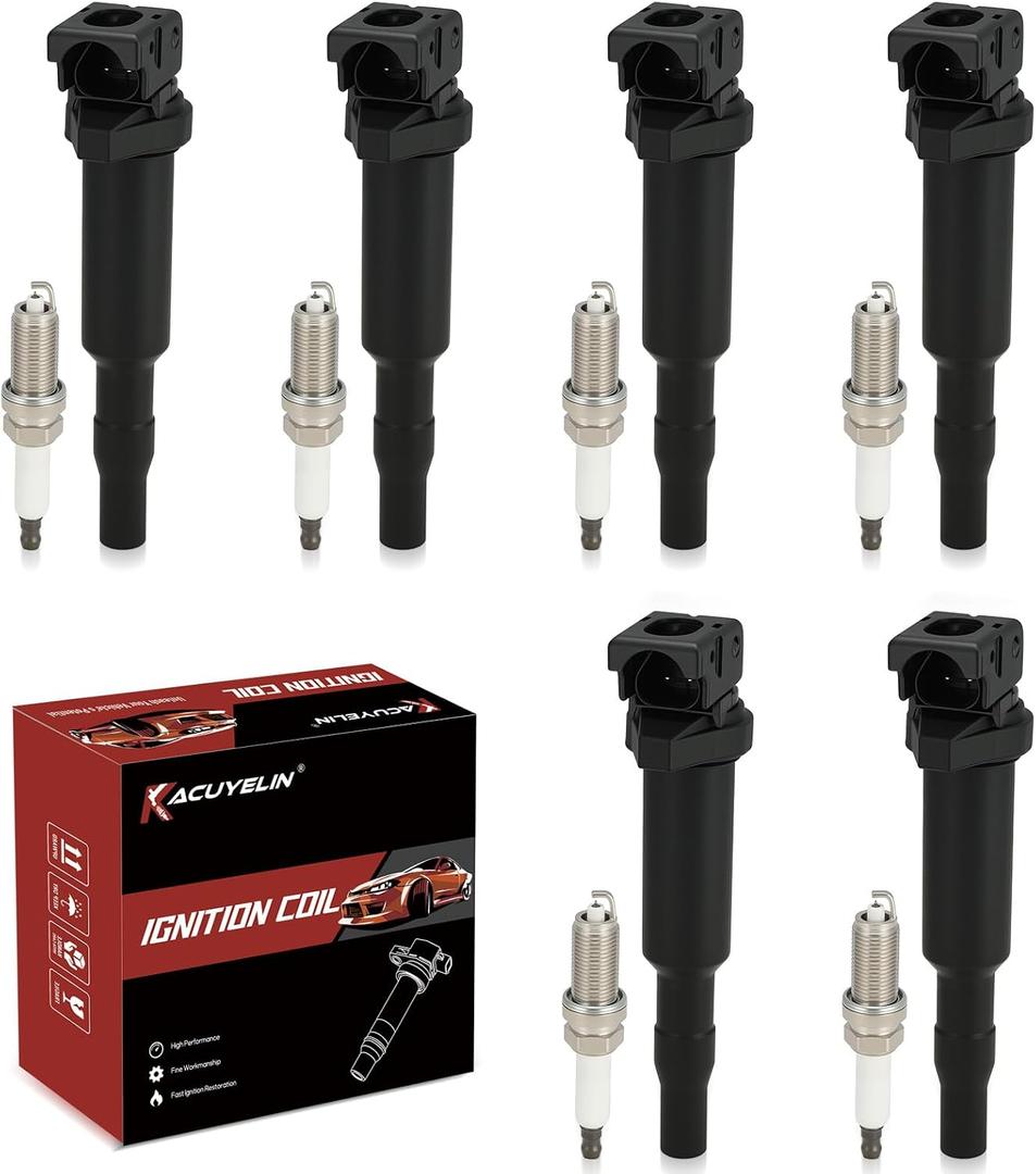 UF592 Ignition Coil Pack and Iridium-Platinum Spark Plugs Set of 6 Compatible with BMW 128i 325xi 328i 330i 525xi 528i 530i X3 X5 Z4 3.0L 2006 2007 2008 2009 2010 2011 2012,Replace# 12137594937