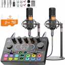 Podcast Equipment Bundle for 2, Audio Mixer with 8GB Memory Card and Dynamic Mics,RGB,Built-in Recorder, Customize Button, Stereo for Vocal Recording Podcasting,Streaming Camera, PC, Phone.(RS2i2)