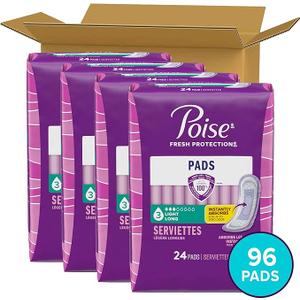 Poise Incontinence Pads & Postpartum Incontinence Pads, 3 Drop Light Absorbency, Long Length, 96 Count (4 Packs of 24)