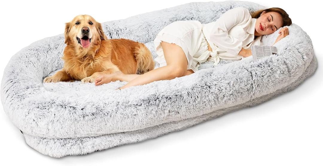 Human Dog Bed XL 79"x44"x12.5" - Shared Orthopedic Dog Bed for Adults & Pets, Large Size Faux Fur Pet Bed, Removable Washable Cover, Light Grey