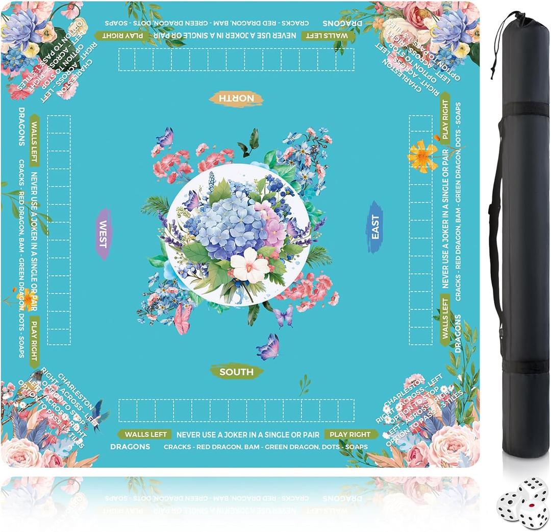 Mahjong Mat for Table 32x32 Inch, No Crease Roll-Up Design, Non-Slip Noise Reduction American Mahjong Mat with Carry Bag and Dice, Portable Gaming Mat for Mahjong, Poker, Card and Board Games