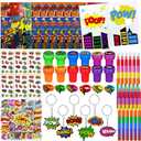 Cinrobiye 72 Pcs Hero Party Favors, Hero Coloring Books, Stickers, Tattoos, Stampers, Keychains, Rings, Rainbow Pencils, Comic Birthday Party Supplies, Goodie Bag Fillers, Prize Bulk Set