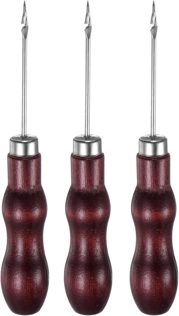 2 x HARFINGTON 3pcs Handwork Sewing Awl Double Gourd Hook Head Awl Leather Punch Hole Tool with Wooden Handle Scratch for Broken Wire Drilling Stitching Repair and DIY Handmade, Rosewood Color