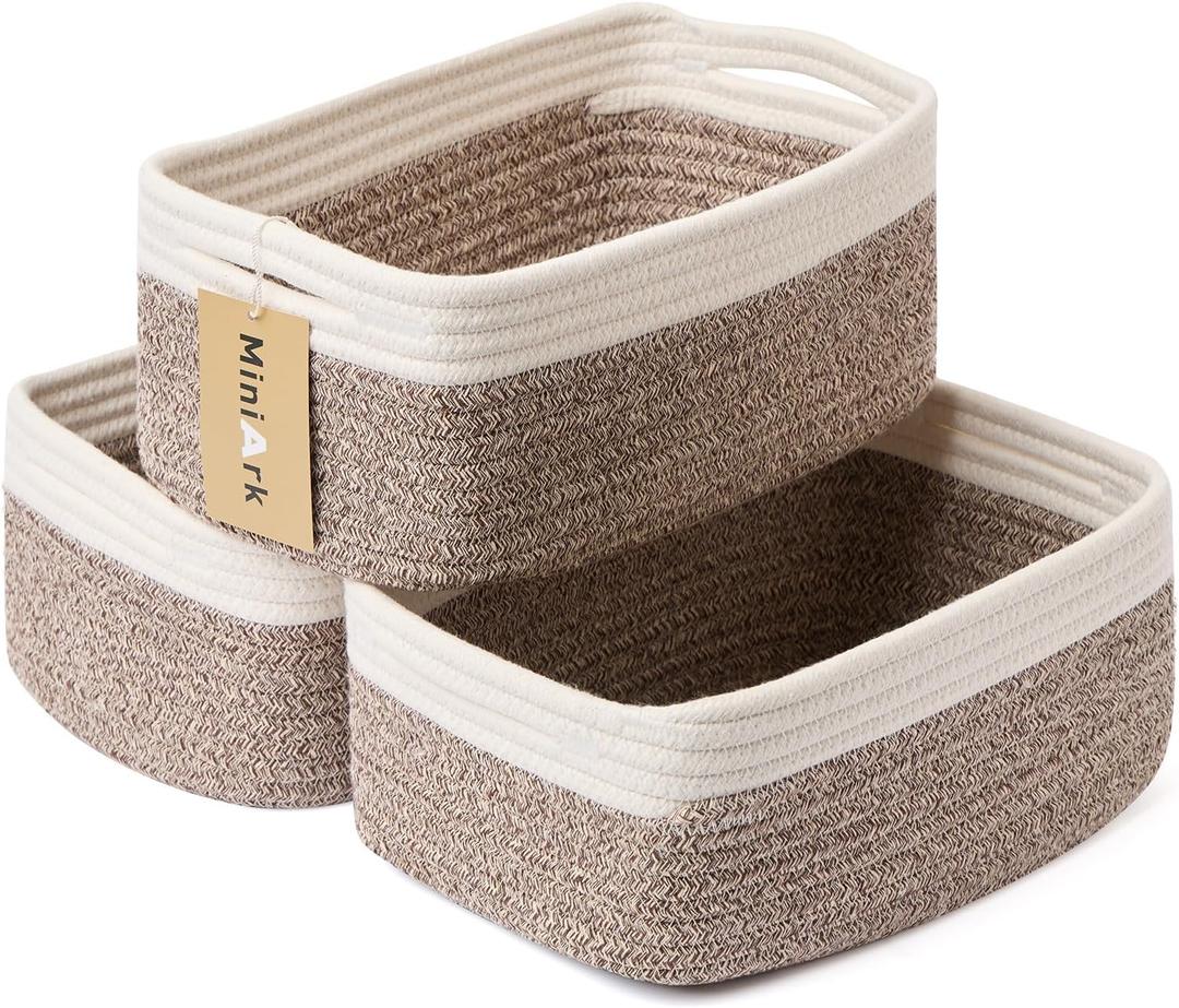 Small Storage Baskets for Organizing | Closet Organizer Bins | Shelf Toy Basket | Woven Rope Baskets | Cube Decorative Box | Shallow Basket | 13x8.5x5.1 | 3 Packs White Brown