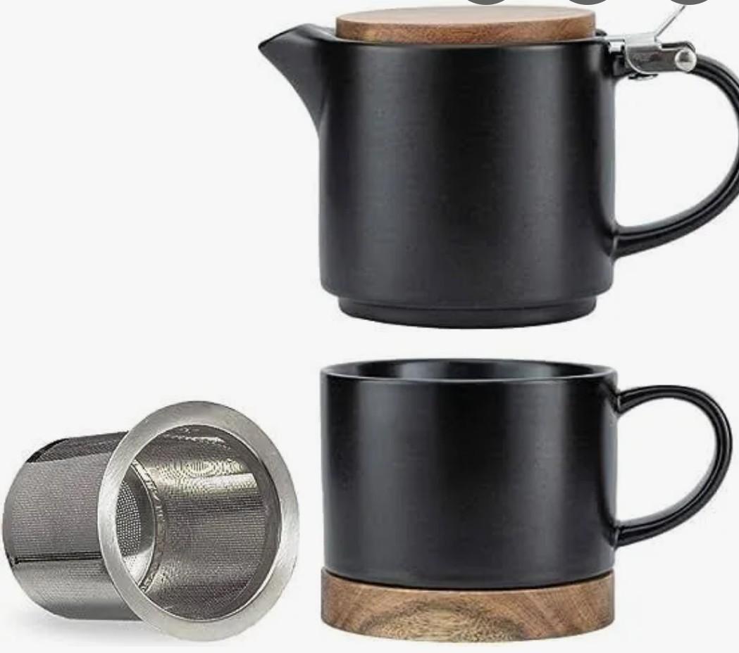 Tea Pot Sets for One,Stackable Ceramic Tea Set for One with 10 oz Personal Teapot and Infuser,Single Teapot and Cup Set for Adults(Matte Black)