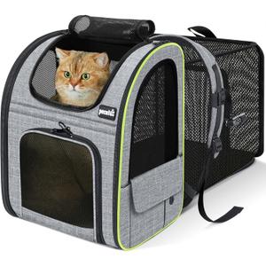 Pecute Cat Backpack Carrier Expandable , Foldable Pet Backpack for Cats & Small Dogs Up to 11lbs, with 4-Side Breathable Mesh, Multi-Entry & Lockable Zippers for Travel, Hiking, Camping - Hands Free,