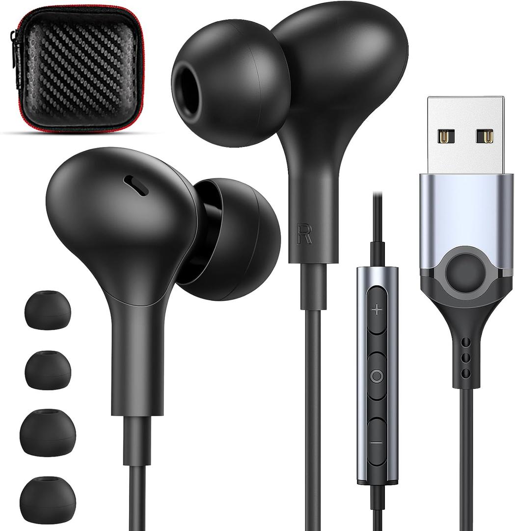 USB Headphones with Microphone for Laptop, 7.5ft Magnetic Wired Earbuds Noise Isolation in-Ear Earphones with Mute Volume Control Stereo Bass for PC Desktop Dell HP Acer Laptop Meetings/Music,School (Black)
