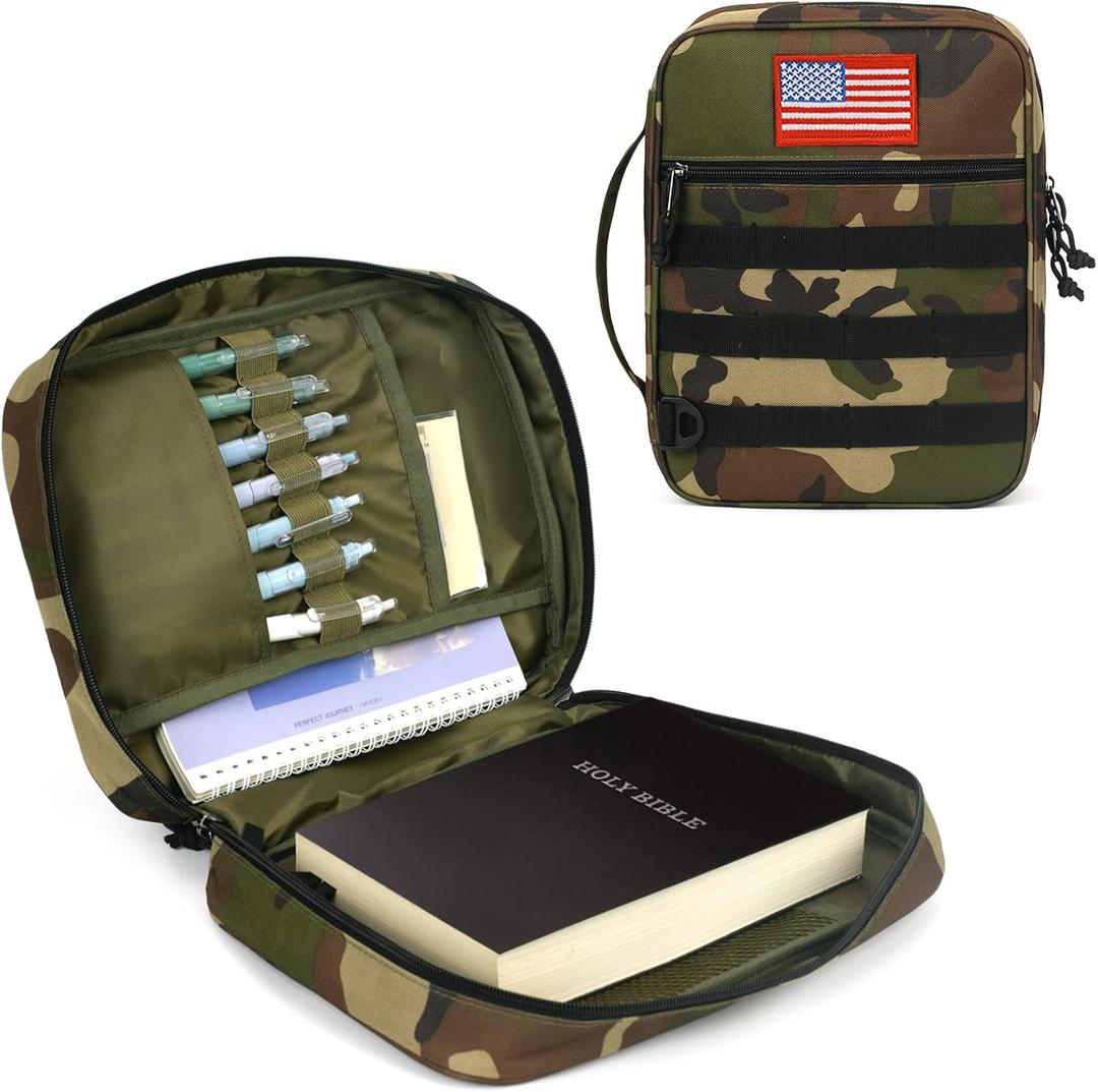 ATRIPACK Tactical Bible Cover For Men,Large Bible Case With Shoulder Strap,Water-Resistant Book cover With Handle,Multi-Functional Carrying Bible Holder Bag For Church,Study,Spiritual (Camo green)