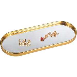 Feyarl Gold Mirrored Jewelry Trinket Tray Vanit Little Ring Earings Organizer Ornate Cosmetic Perfume Tray Display Decorative Coffee Table Tray for Home Decor Dinning Room Dresser Tabletop Gold