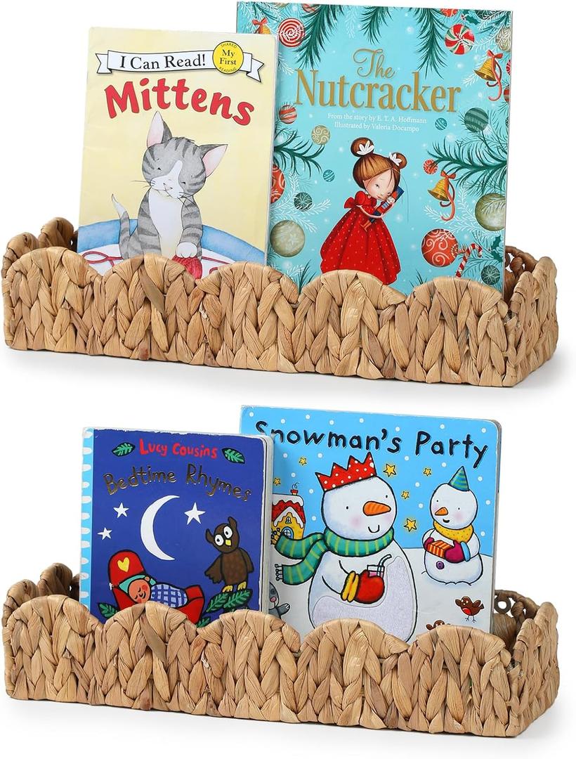 2 Pack Nursery Book Shelves, Scalloped Water Hyacinth Book Shelf for Kids Rooms, Handwoven Floating Book Shelves for Wall, 15.8 Wicker Hanging Bookshelf for Books, Toys, Photo Frames, Nursery decor