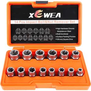 XEWEA Professional 14PCS Bolt Extractor Set, 3/ 8" Drive Impact Stripped Bolt Remover Socket Set for Removing Damaged Broken Rounded Off Bolt & Nut, Impact Grade Cr-Mo Steel with Case Father's Day Gift