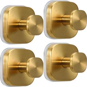 Suction Cup Hooks for Shower - Reusable No-Drill Mounting - Hooks for Towels, Robes & Loofah on Metal, Glass, Mirrors, Tile & Smooth Non-Porous Surfaces (4, Brushed Gold)