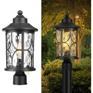 Zeyu Pillar Light Outdoor, 16.9 Inch Dusk to Dawn Outdoor Light Fixture Post with Photocell Sensor, Exterior Post Lamp with Water Ripple Glass, ZX48MP PC WG BK