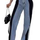 Angsuttc Womens Jeans with Patchwork Stripes High Waisted Stretchy Denim Color Block Straight Wide Leg Trendy Jean, Size M