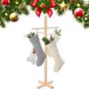 Cinnvoice Christmas Stocking Holder Stand Freestanding Wooden Stocking Holder Stand with 4 Hooks, Christmas Stock Hanger Rack for Floor Natural Xmas Holiday Home