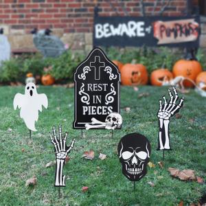 hogardeck Halloween Decorations Outdoor, 5 Pcs Metal Decorative Garden Stakes with Skulls Head, Hands & White Ghosts for Halloween Decor, Tombstone Yard Signs for Outside Garden Lawn Patio Porch (Hgmd-2173)