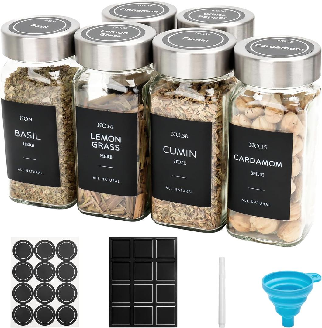 6 Pcs Glass Spice Jars with Label, 4oz Spice Jars with Lids, Seasoning containers Set, Comes with spice bottle caps, Silicone Collapsible Funnel,chalk, for Spice Rack, Cabinet, Drawer