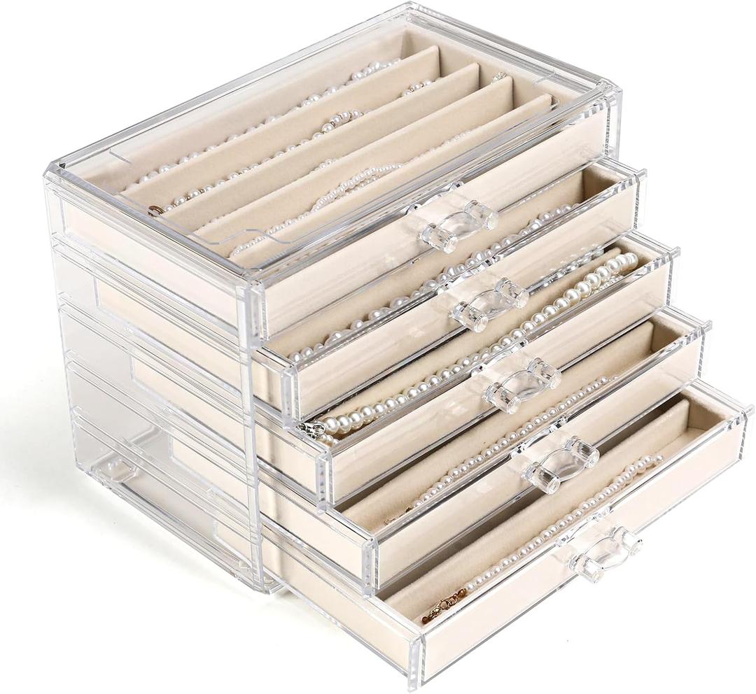 5 Drawers Necklace Organizer Storage, Tray with Clear Lid, Dustproof Velvet Necklaces Holder Storage Display Case, Necklace Tray Drawer Insert for Pendant Suitable for Women and Girls (25 grids)