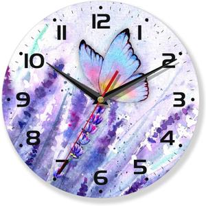 Purple Wall Clocks,Lavender Wall Clock Decorative,Butterfly Kitchen Wall Clocks Battery Operated - 10 Inch Round Bathroom Wall Clock Silent Non-Ticking