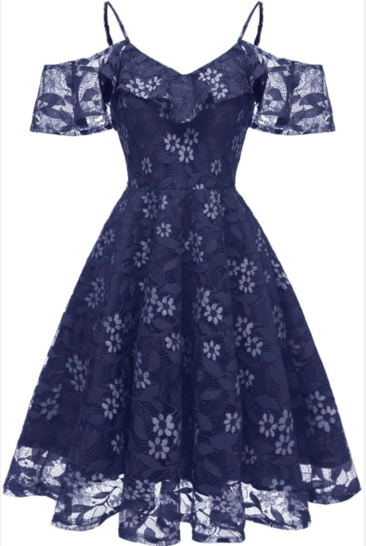 IWEMEK Women Spaghetti Strap Floral Lace Bridesmaid Cocktail Party Dress Cold Shoulder Ruffle Sleeve Wedding Guest Prom Dress Size M