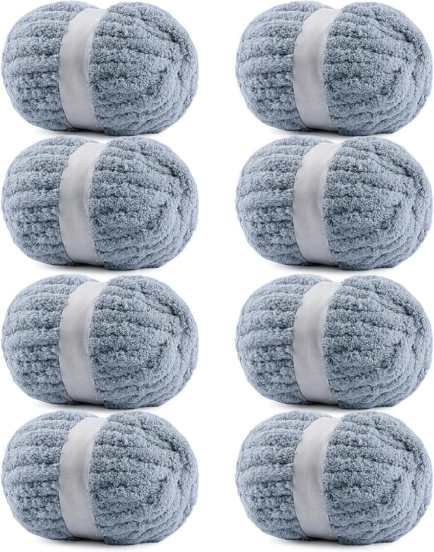 8 Pack Chunky Yarn for Hand Knitting - #10 Super Bulky Chenille Yarn, Fluffy Jumbo for Thick Hand-Knit Blankets, Scarves 25 Yds 7.94 Oz Each Skein (8, Blue Gray)