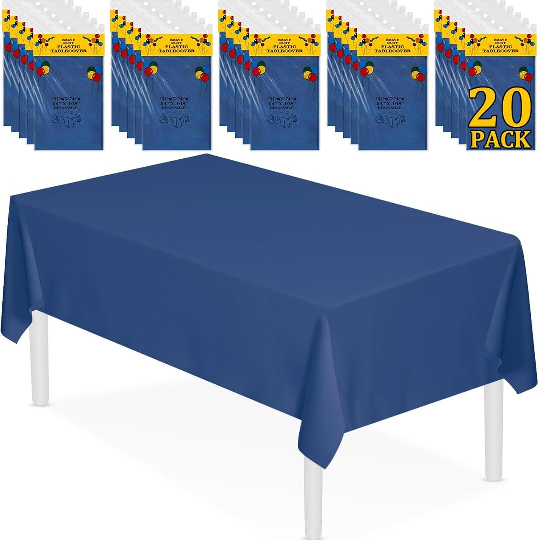 XSEINO 20 Pack 54" x 108" Premium Navy Blue Plastic Table Cloth,Disposable Rectangle Tablecloths Waterproof Table Cover for Birthday Wedding Anniversary Graduation Party Decorations Supplies