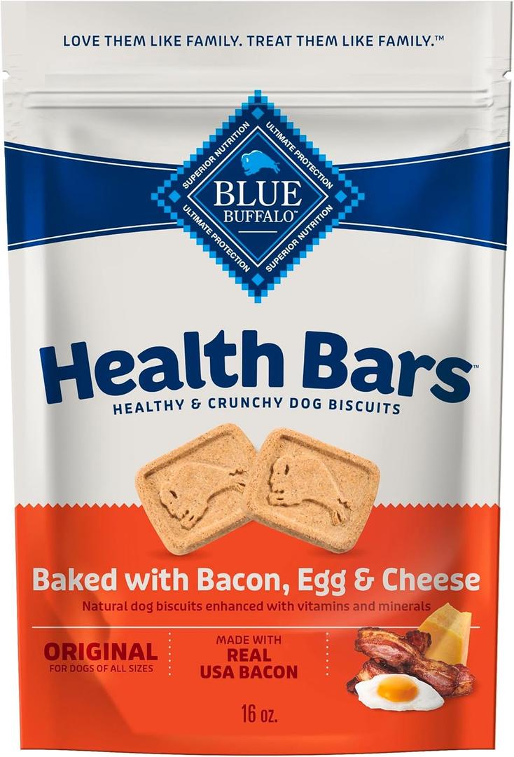 Blue Buffalo Health Bars Crunchy Dog Biscuits, Oven-Baked with Natural Ingredients, Bacon, Egg & Cheese, 16-oz Bag (EXP 07/21/27)