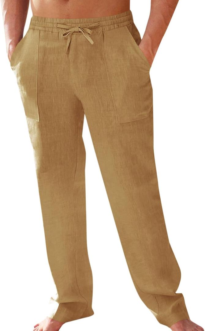PASLTER Men's Cotton Linen Pants Elastic Waist Drawstring Casual Trouser Lightweight Straight-Legs Loose Beach Yoga Pants (Brown, L)