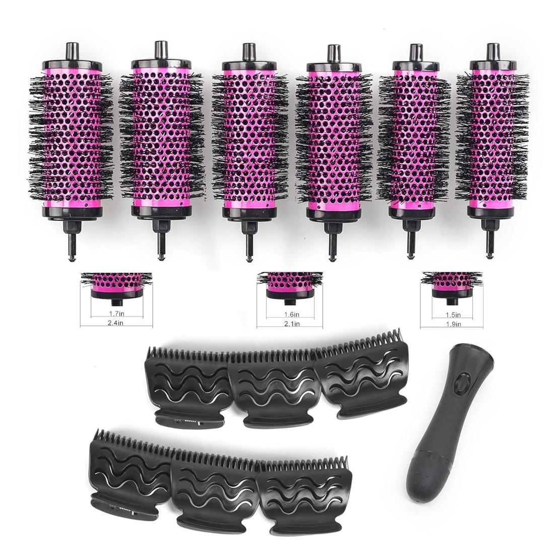 Round Brush Set for Blow Drying - Round Hair Brush Set with Detachable Barrels Styling Tool, Roller with 6 Barrels 1 Handle 6 Clips, 3 Different Hair Rollers to Create Your Hairstyle - Purple Black