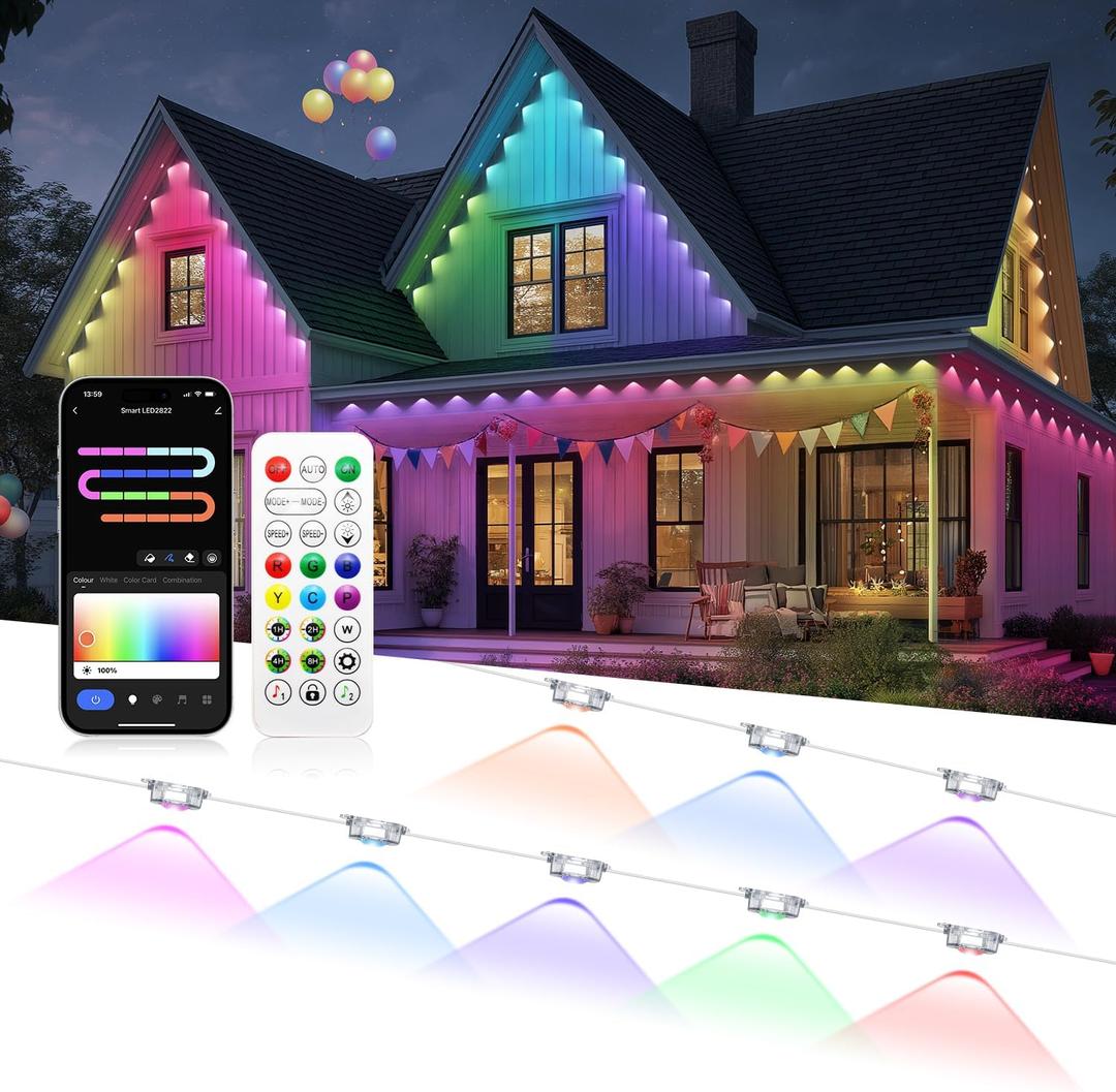 lemonlovely Permanent Outdoor Lights, RGB+IC Smart Outdoor Halloween Lights for House, 300ft with 150 LED, IP67 Waterproof LED Light for Halloween Christmas Decorations, Work with Remote, APP
