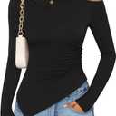 ZESICA Women's Off The Shoulder Tops 2026 Long Sleeve Y2K Asymmetrical Ruched Fitted Shirts Spring Trendy Going Out Top (Medium, Black)