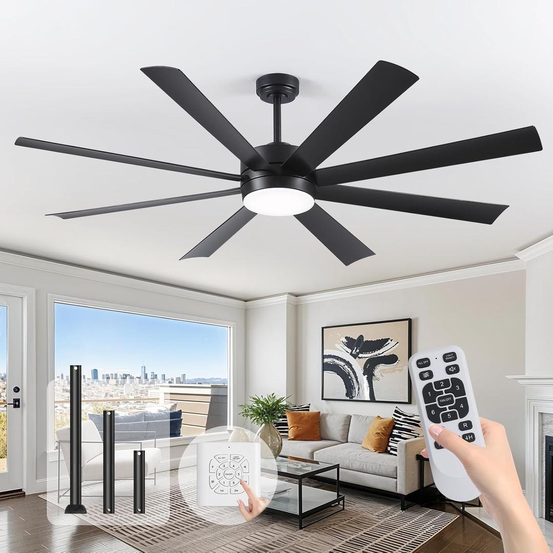 72 Inch Ceiling Fans with Lights, Ceiling Fans with Lights and Remote, Dimmable, Indoor/Outdoor Black Modern Ceiling Fan for Kitchen Living Room Patio, Shop Industrial, Dual Finish 8 Blades