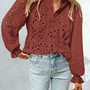 PRETTYGARDEN Women's Dressy Casual Blouse Tops Fall Puff Long Sleeve Button V Neck Hollow Out Lace Embroidered Shirts,  Size S