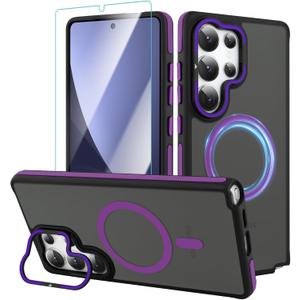 AIGOMARA Magnetic for Samsung Galaxy S25 Ultra Case with Invisible Camera Stand, [Compatible with Magsafe] [Military-Grade Protection] Slim Anti Scratch Protective Case Women Girls 6.9", Black/Purple