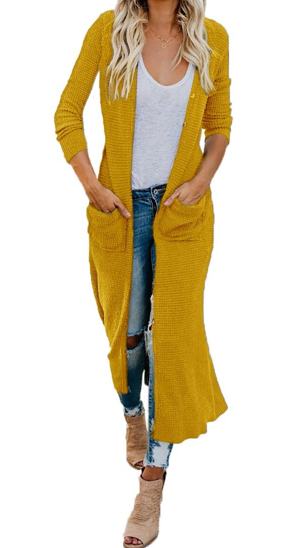 HZSONNE Women's Boho Long Casual Cardigan Long Sleeve Button Down Front Pocket Knitted Sweater Blouses (Yellow, XX-Large)