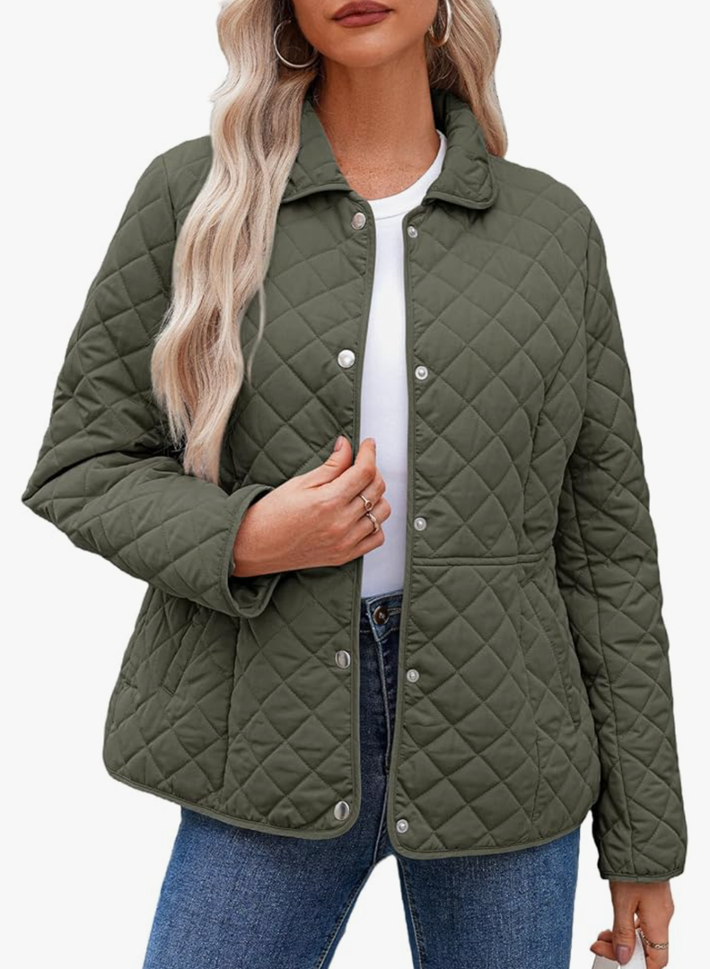 Dokotoo Women's Winter Quilted Jackets Long Sleeve Button Down Diamond Puffer Jacket Outerwear Coats with Pockets, M
