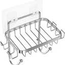 ODesign Soap Dish Holder SUS304 Stainless Steel with 6 Hooks Loofah Bath Sponge Towel Razor Holder for Bathroom Shower Kitchen Adhesive Wall Mounted No Drilling-Silver-1 Pack