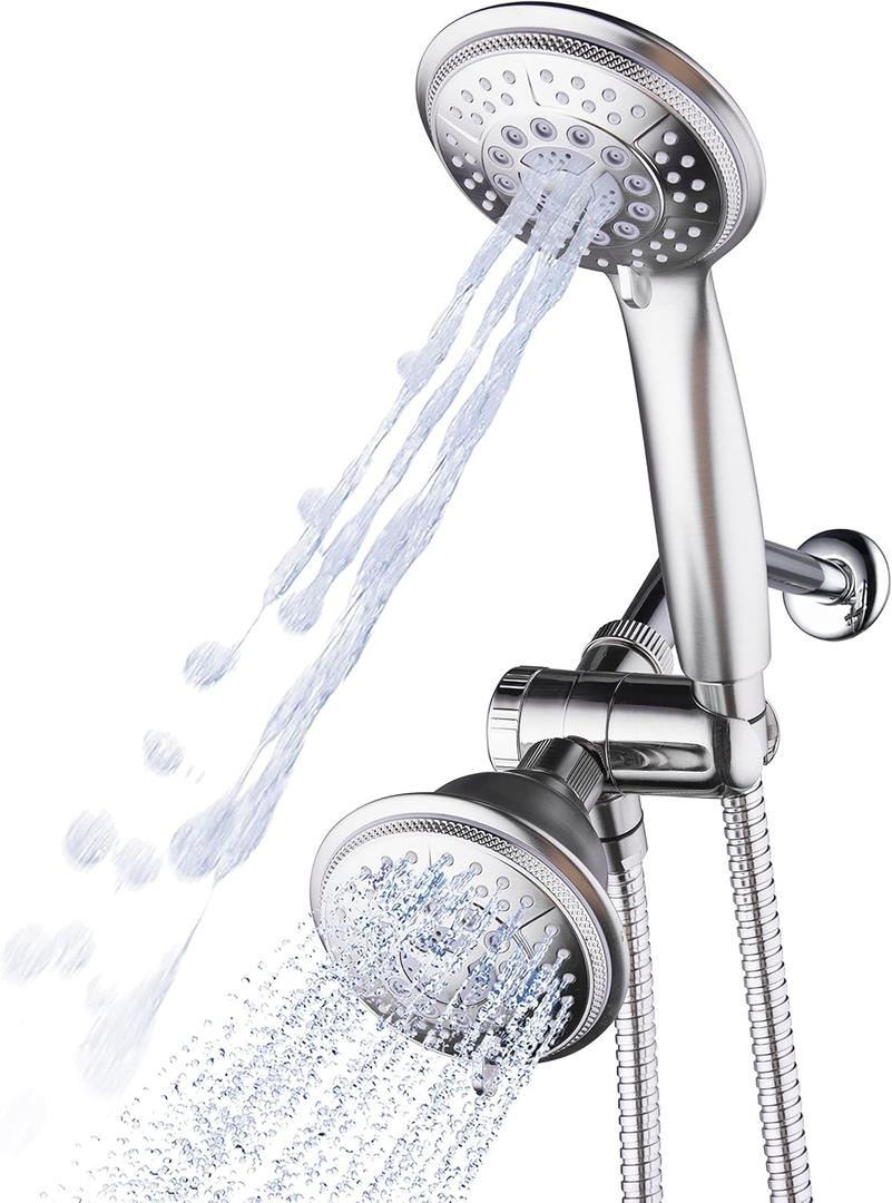 1733 Handheld Showerhead & Rain Shower Combo. High Pressure 24 Function 4" Face Dual 2 in 1 Shower Head System with Stainless Steel Hose, Patented 3-way Water Diverter in Nickel Finish (2.5 Gallon Per Minute)