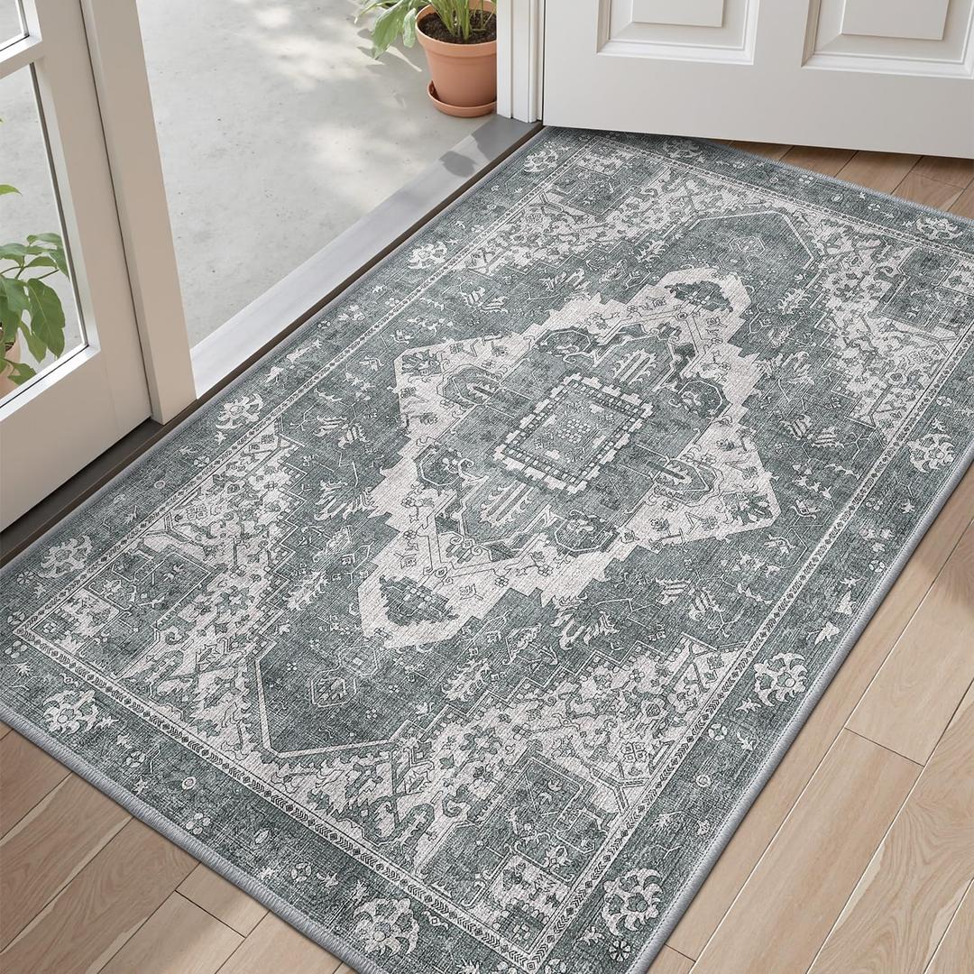LUMI Retro Thin Door Mat, 36"x59" Washable Indoor Doormat, Non Slip Absorbent Entrance Rug, Welcome Mats Entryway Rug Doormats for Front Door Kitchen Patio, Gray Blue