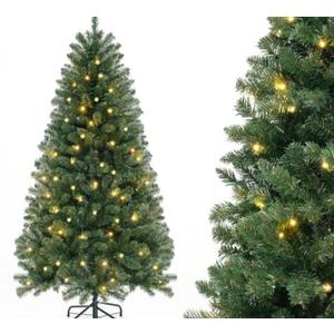 HAPPYGRILL 6 FT Pre-Lit Christmas Tree, Artificial Xmas Tree with 568 PVC Branch Tips, 200 Warm White LED Lights, 8 Lighting Modes & Gloves, Hinged Festive Tree for Home Office