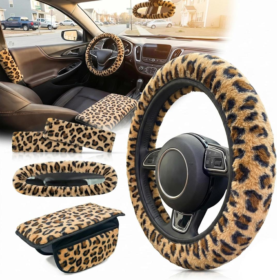 5 Pcs Fuzzy Animal Print Car Accessories Set, Soft Fluffy Plush Steering Wheel Cover, Center Console Armrest Pad & Rearview Mirror Cover - Interior Decorations for Women,Universal Fit (Leopard Print)
