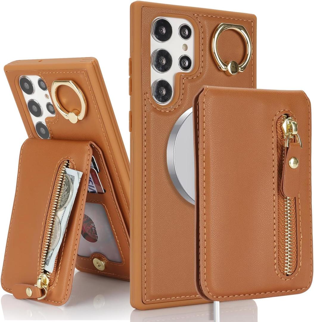 for Samsung Galaxy S22 Ultra Phone case with Card Holder with Compatible magsafe Magnetic, Key Chain PU Leather Flip Kickstand Detachable 2-in-1 Wallet case Women Men-Brown
