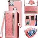 Asuwish Phone Case for Moto One 5G Ace/Motorola G G5 2021 Zipper Wallet Cell Cover with Screen Protector Crossbody Strap Flower Card Holder MotoOne 1 One5G UW Ace 6.7 XT2113-3 XT2113-5 Women Rose Gold