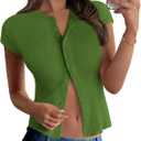 PRETTYGARDEN Women's Short Sleeve Summer Tops 2025 Trendy Ribbed Knit Button Up Tight Basic Tees Shirts Going Out Y2K Clothes (S)