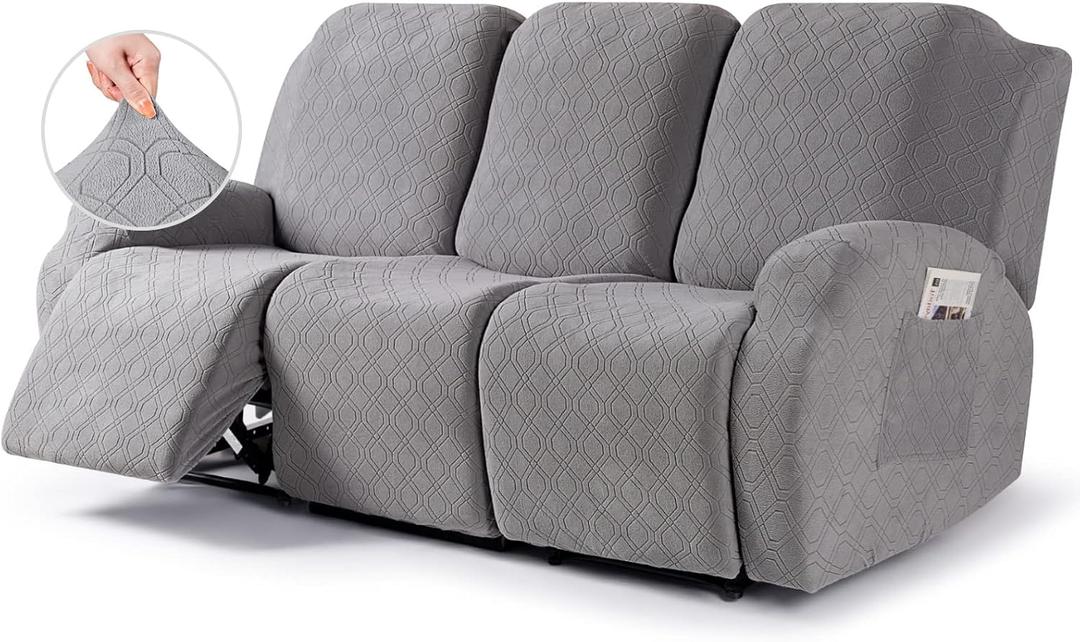 VANSOFY Recliner Cover, 3-Pieces Stretch Reclining Couch Covers with Pockets Reclining Sofa Slipcovers 3 Seater Soft Washable Furniture Protector for Dogs Cats(Light Gray)