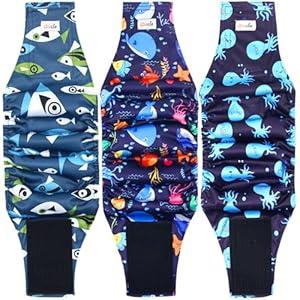 Grecle Reusable Dog Diapers Male 3Pcs, Premium Washable Belly Bands for Male Dog XSmall, High Absorbing Male Dog Wraps for Doggie Puppy in Incontinence, Excitable Urination and Training(Seafloor, XS)