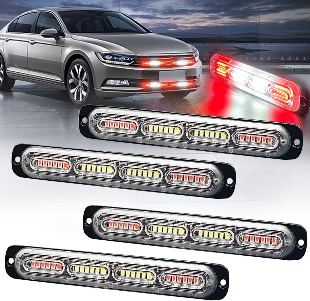 LED Emergency Strobe Light 24-LED Red White Red Flashing Warning Beacon Hazard Construction Caution Light Bar for Off Road Firefighter Vehicles Trucks SUV ATV 4-Pack