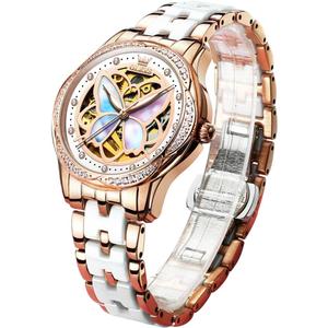 OLEVS Womens Automatic Watch, Premium Large Face Diamond Accented Self Winding Watches for Women, Fashion Waterproof Ladies Dress Watch, Two Tone Stainless Steel Ceramic Bracelet (04 Butterfly/Colorful Dial)