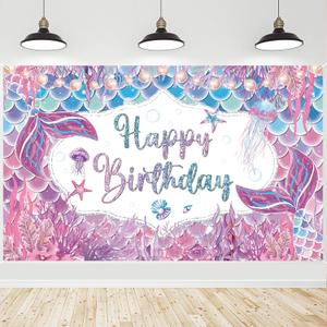 Mermaid Birthday Decorations, Purple Mermaid Birthday Backdrop Banner, Under The Sea Party Supplies & Ocean Room Decorations, Photo Background for Girls women