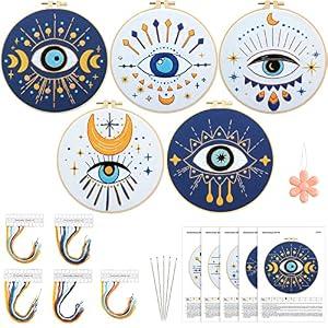 Marsui 5 Pcs Evil Eye Embroidery Starters Set for Beginners Stamped Cross Stitching Kits for Adults, 5 Embroidery Cloth with Patterns, Hoop, Needles, Threads, Manual Stitching Kit